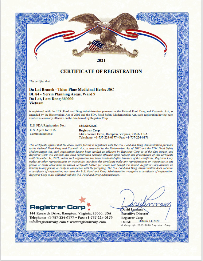 Năm 2021, Dược thảo Thiên Phúc đã vinh dự đạt được chứng nhận FDA năm thứ hai liên tiếp